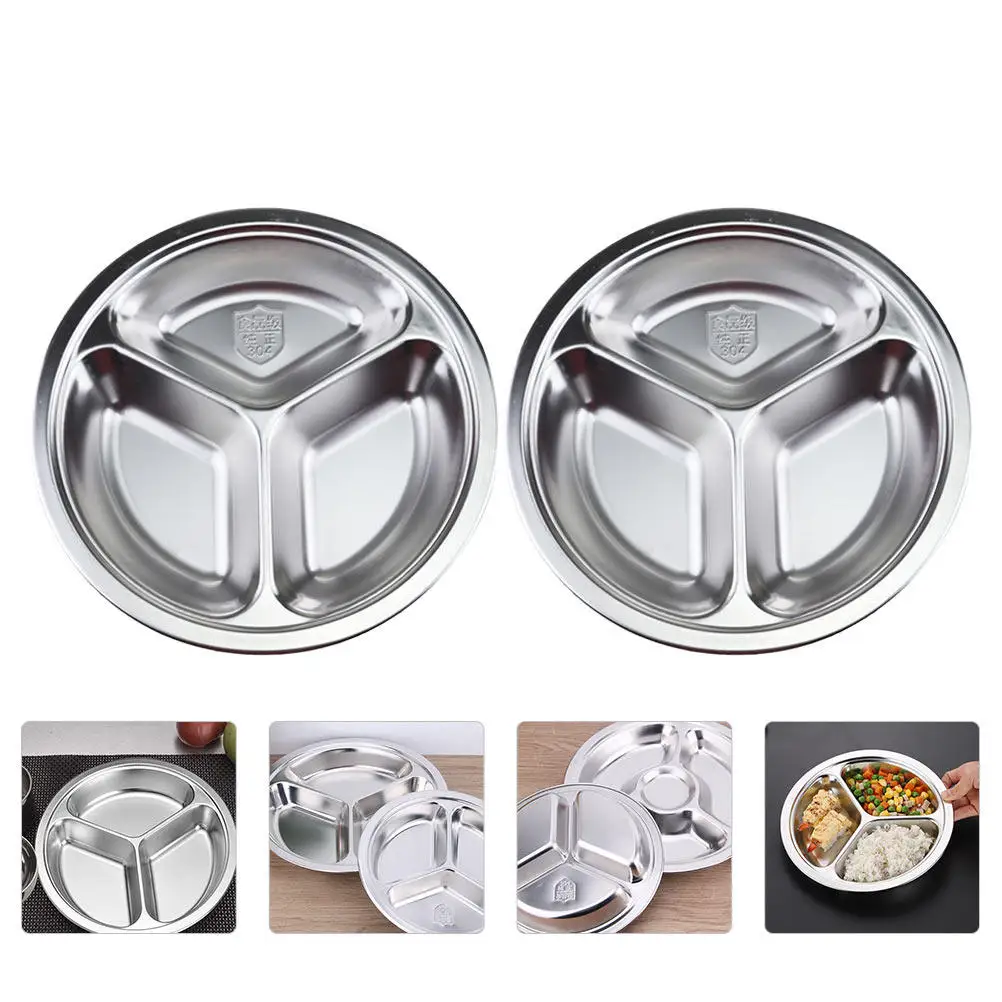 2Pcs Stainless Steel Dinner Plate Divided Food Compartment Tray for Home Restaurant School Canteen Serving Tableware