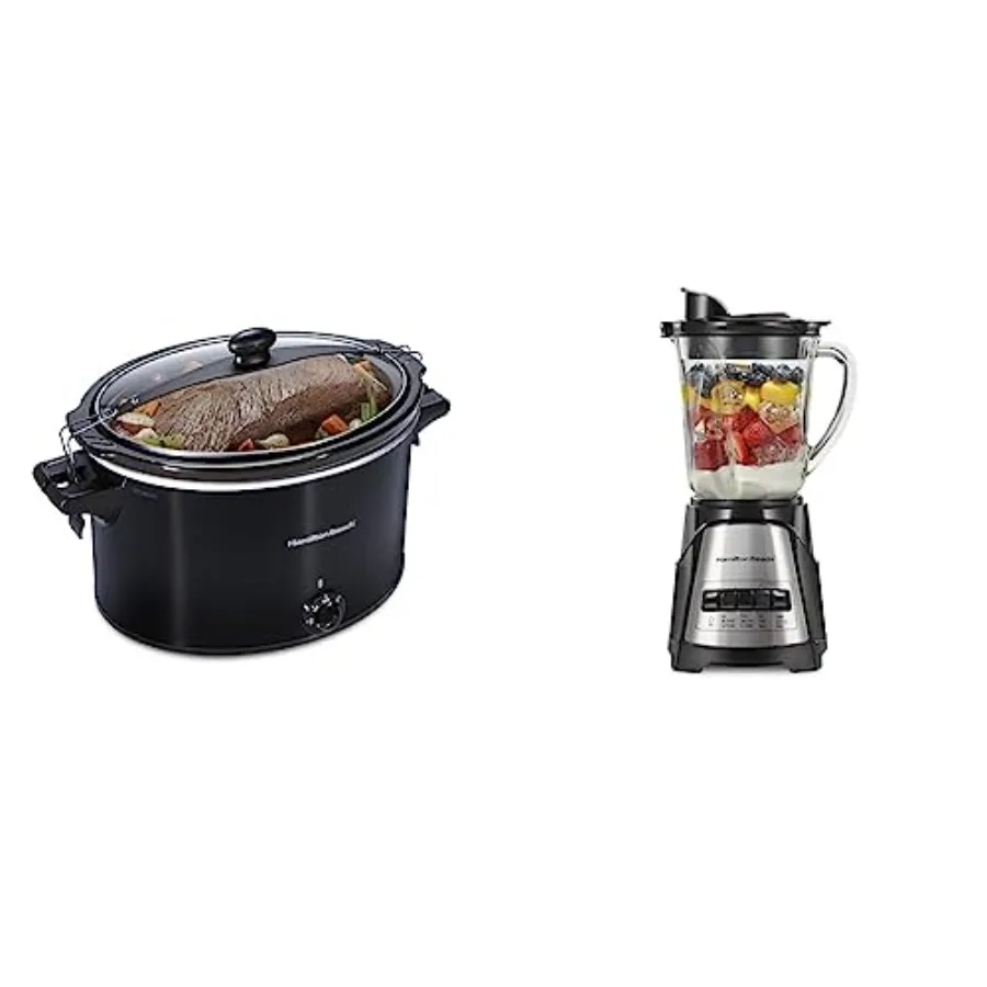 Extra Large 10 Quart Slow Cooker in Black with Power Elite Wave Action Blender for Shakes and Smoothies Puree Crush Ice 40 Oz G