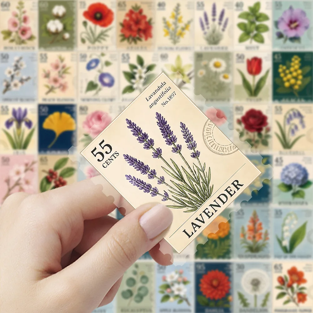 50 PCS Retro Plant Stamp Stickers Cartoon PET Flower Stamp Hand Account Material Phone Case Notebook Waterproof Stationery Decal