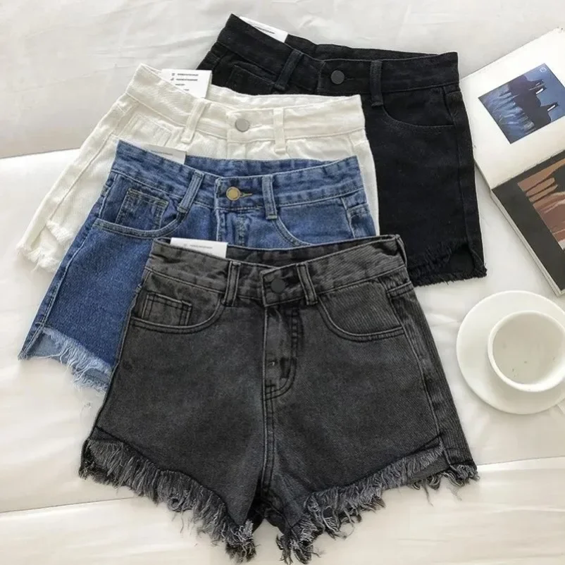 

New Summer Women High Wiast Raw Hem Denim Shorts Soild White Black Blue Korean Wide Leg Pants Mon Shorts MOKIJINS