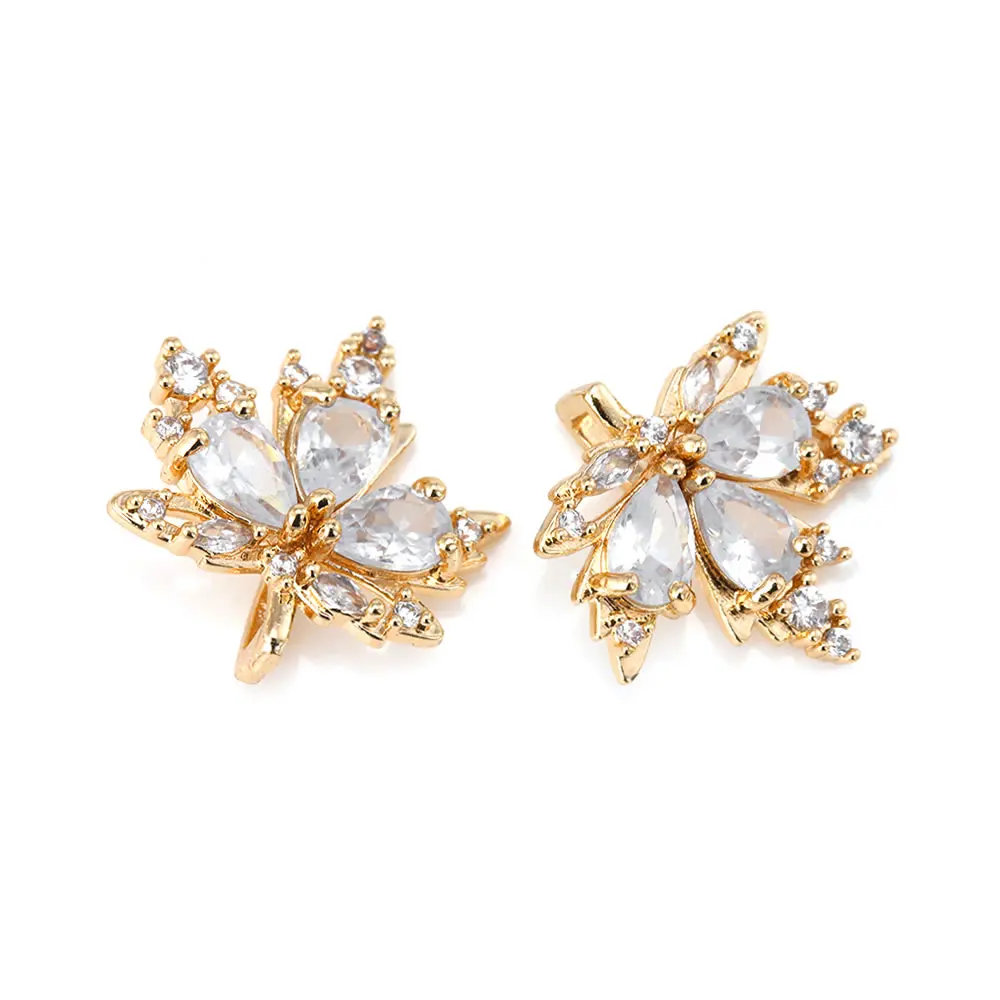 4PCS 18K Gold Color Brass and Zircon Tree Leaf Charms Pendants Diy Jewelry Making Necklace Earrings Accessories