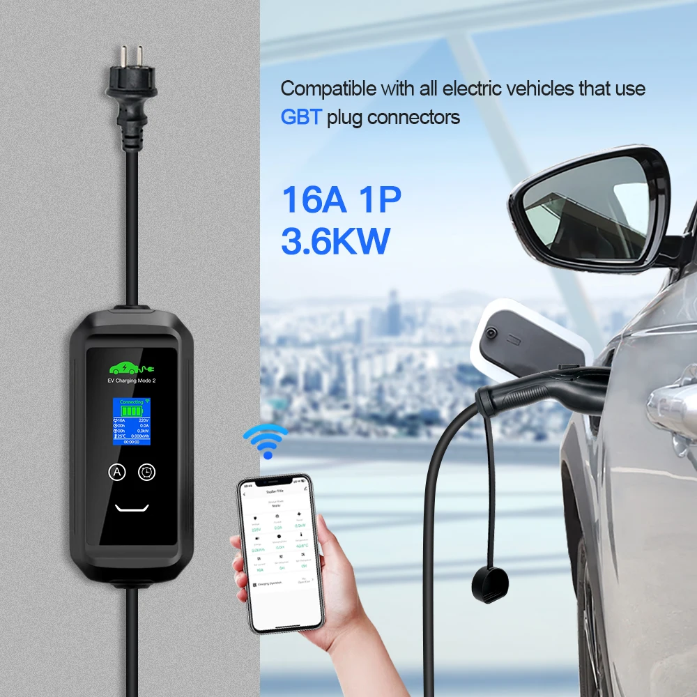 Kolanky 16A 3.6KW GBT IEC62196-2 Portable EV Charger APP Bluetooth Wifi EVSE Charging Cable EU Plug for Electric Car 5M