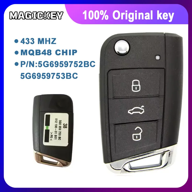 100% Original Remote Key FCC 5G0 959 752 BC For Vw Golf Polo Touran Etc 3 Button Flip Key Remote 434mzh OEM MQB Keyless GO