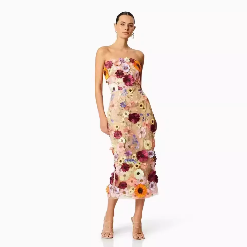

Sexy Svel 3D Flower Embroidery Slim Fit Tube Dr Summer Wear mid Length Skirt Wrap around Bodycon Dr