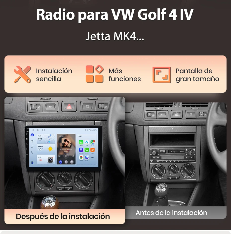 Junsun Radio mit KI-Sprachsteuerung für VW Golf4 Jetta MK4 1997-2003, kabelloses CarPlay, Android Auto Autoradio 2DIN mit Bluetooth, DAB+, GPS, RDS – Detail 2