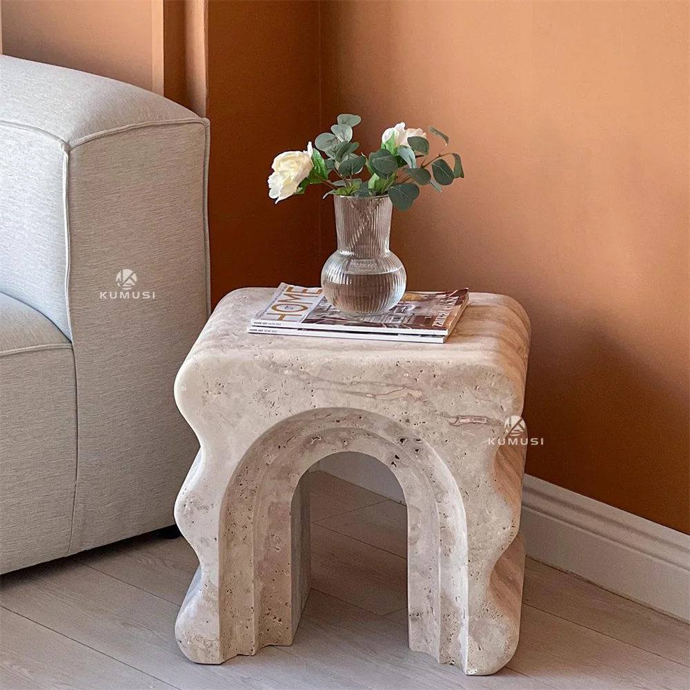 

&d Retro Roman Style Travertine Corner Table Living Room Furniture With Wave Shaped Design and Side Table