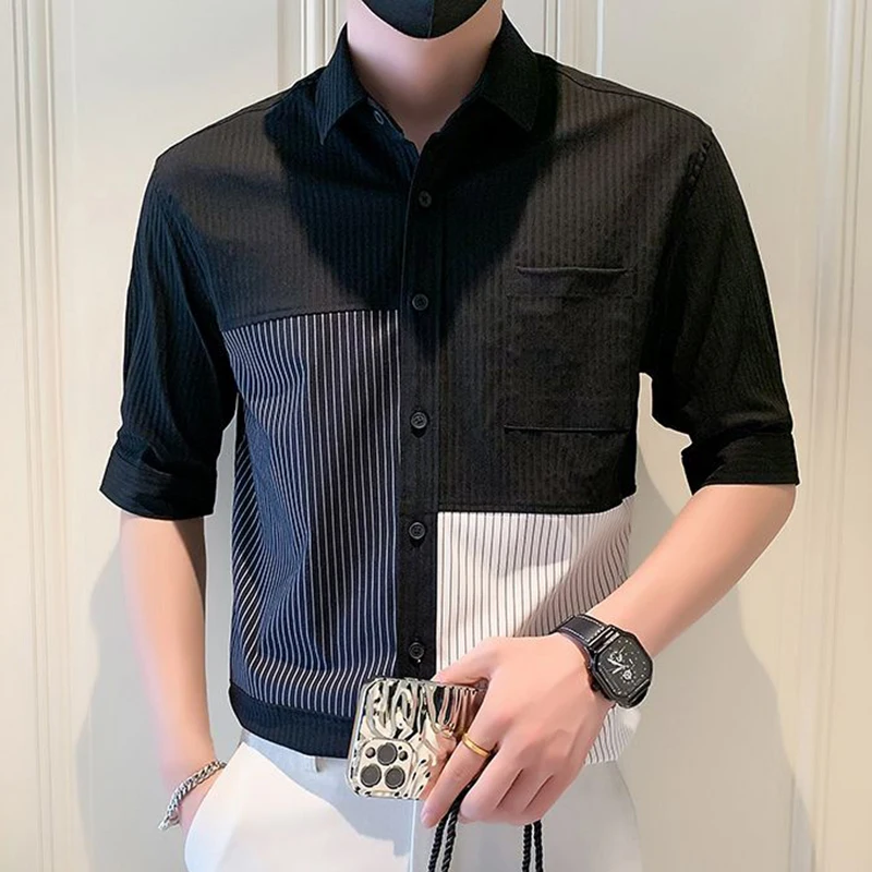 Fashion Loose Spliced Pockets Business Striped Shirts Men\'s Clothing 2024 Summer New Casual Tops All-match Asymmetrical Shirt