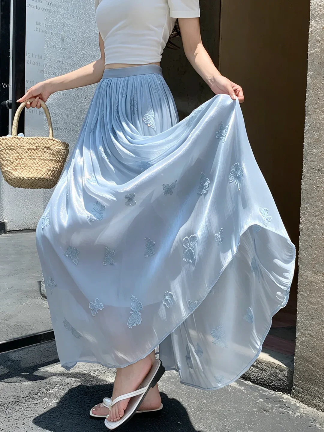 Butterfly Embroidery Satin A-Line Maxi Skirts for Women 2026 New Arrival Flowy Wide Leg Long Skirt Boho Beach Vacation