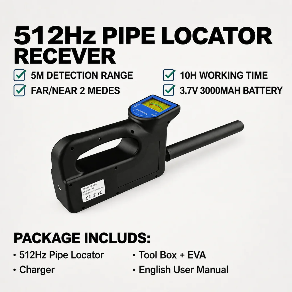 512Hz Pipe Locator for  Sewer Camera Sonde Tracker Underground Detector Far/Near Mode 3000mAh Battery with Tool Box