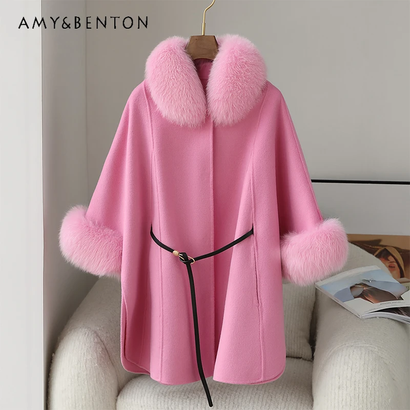 

Socialite Style 2023 New Wool Reversible Woolen Coat Cashmere Woolen Fox Faux Fur Collar Mid-Length Loose Cloak Jaqueta De Mujer