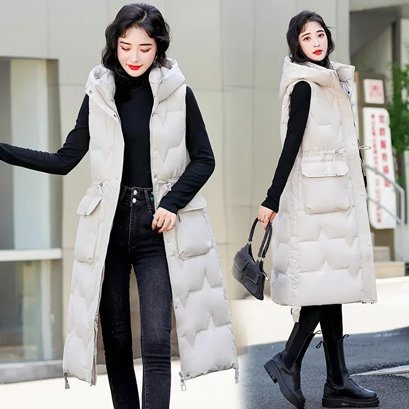 Women Sleeveless Vest Parkas Hooded Thick Vests Zipper Pocket Splice  Elegant Lady Outerwear Cardigan Jackets Winter 2024