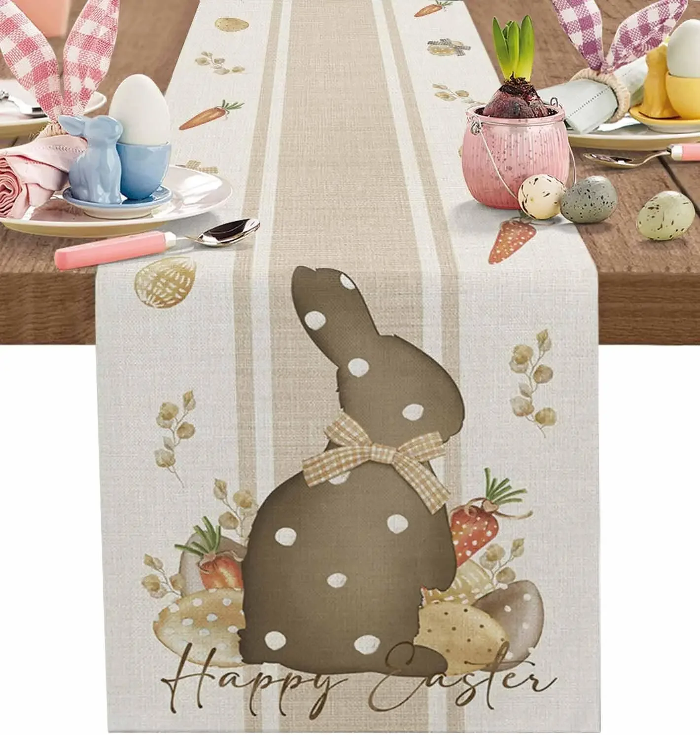 Happy Easter Bunny Eggs Carrot Rabbit Table Runner Holiday Party Decor Seasonal Spring Dining Table Runners Dresser Scarf Decor