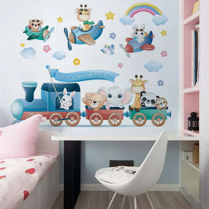 Cartoon Animals Ride On Small Trains Bedroom Decals Wall Stickers For kids Rooms Children Bedroom Wall Decals 3d vivid Poster