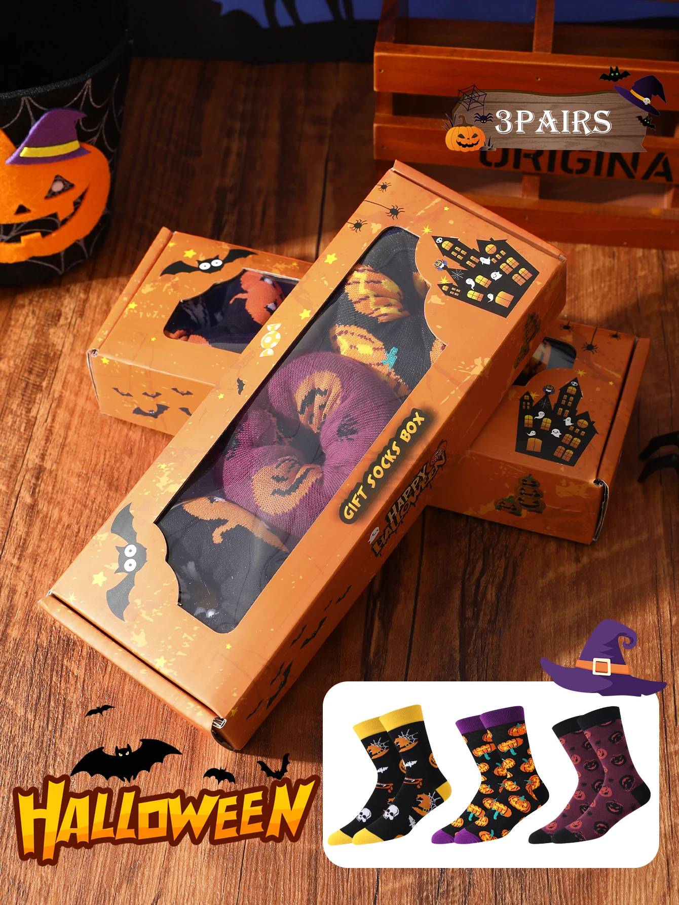 

3 pair of men's and women's same socks with a unique and creative design,donut shaped, and fun Halloween and other holiday gifts