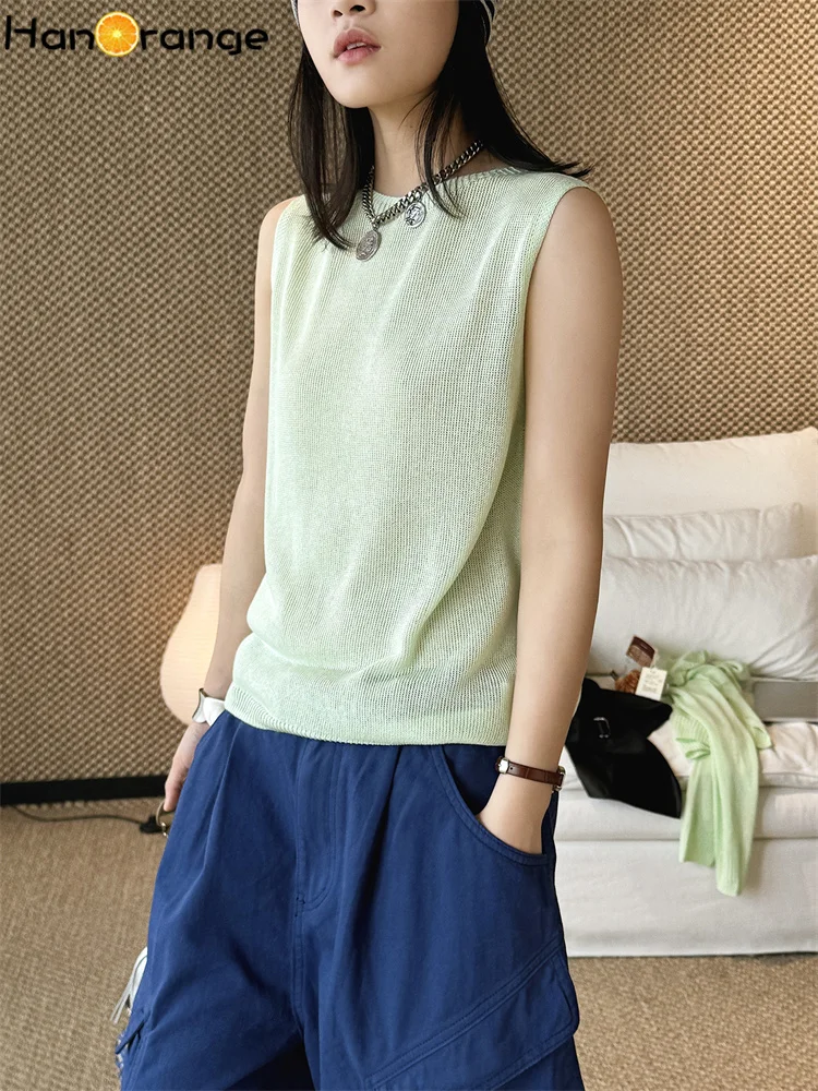 HanOrange 2026 Summer Simple Fashion O-neck Knitted Tank Women Loose Silhouette Sleeveless Top White/Light Pink/Light Green