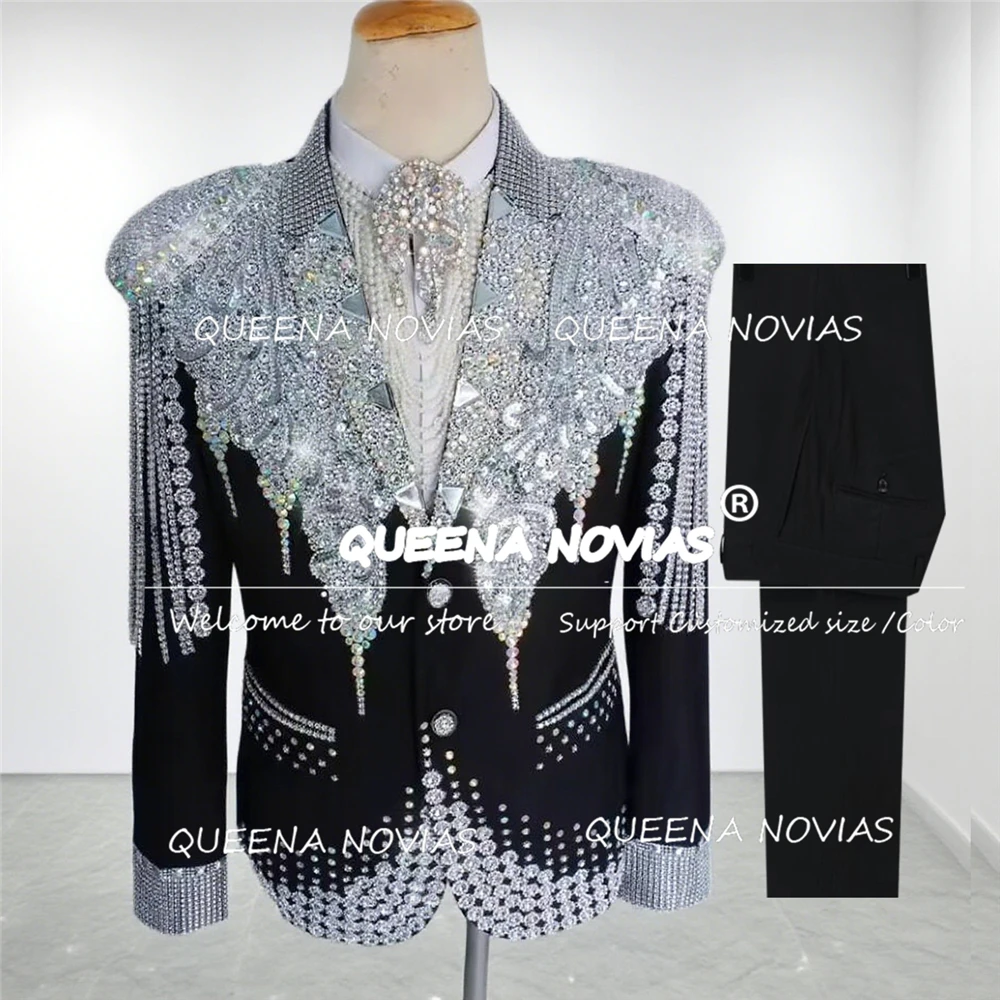 

Exclusive Crystals Beads Groom Tuxedos Customized Costume Homme Luxury Male Prom Party Blazers 2 Pieces Men Suits For Wedding