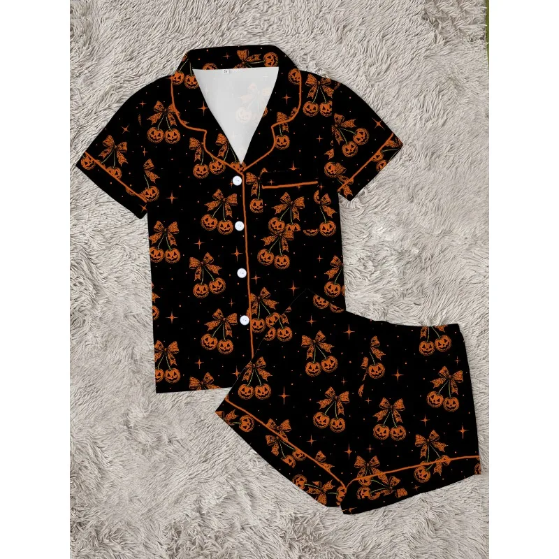 Women's Double Short Pajamas with TK Cherry Pumpkin Cartoon Print, Soft Milk Silk for Halloween Fun 4