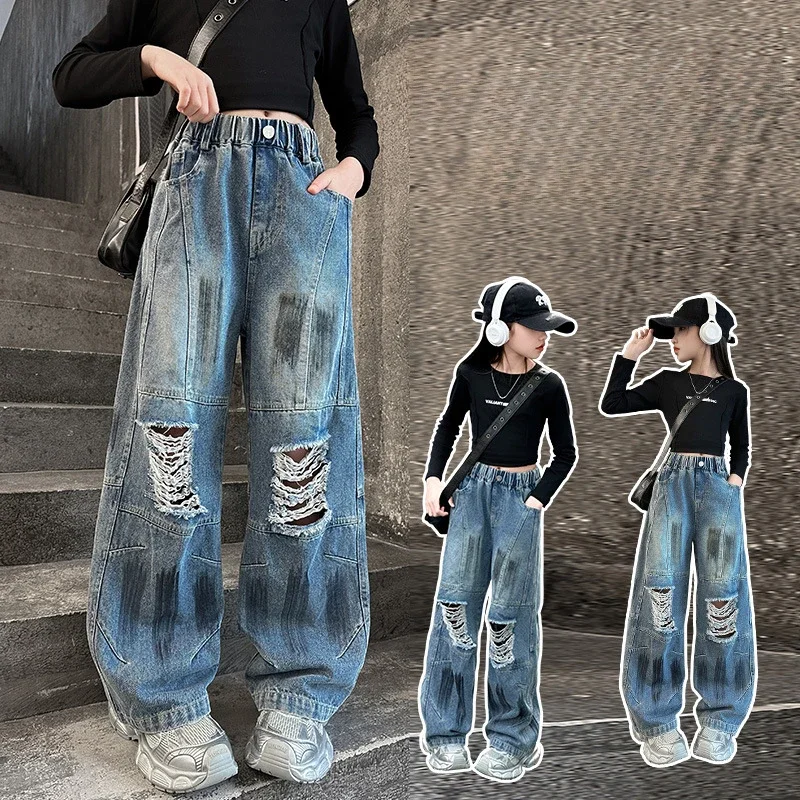 2025 Girls Fashion Big Broken Hole Jeans for Kids New Spring Summer Trousers Streetwear Graffiti Ripped Denim Wide Leg Pants