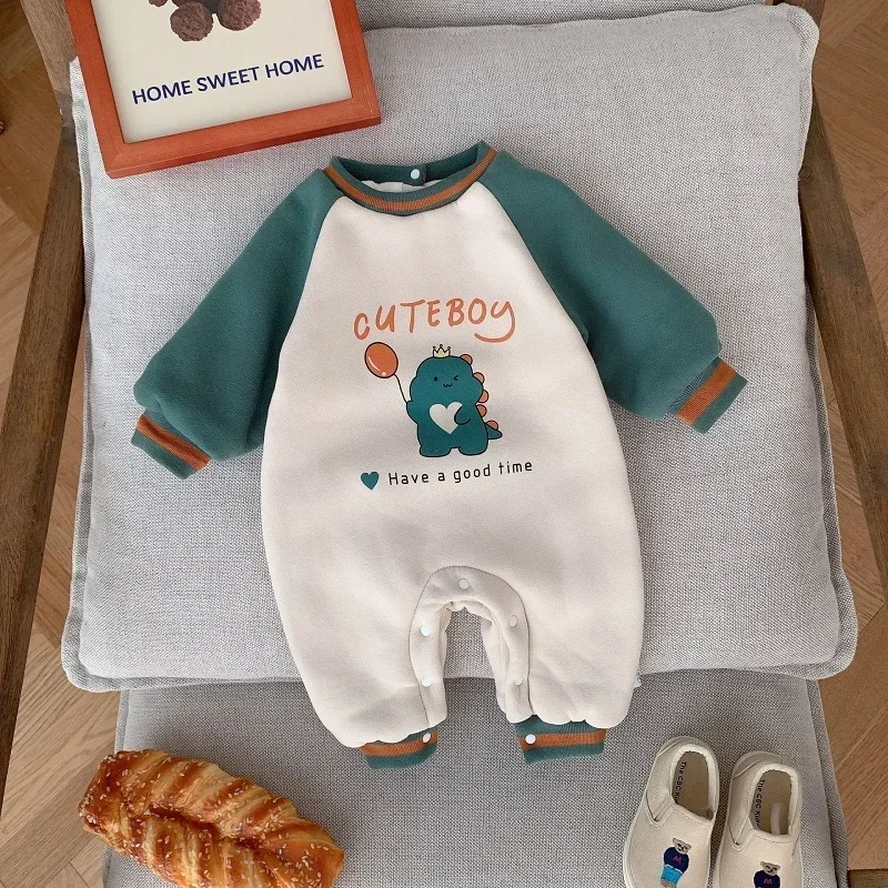 

2023 зимний комбинезон для маленьких мальчиков 0-2 лет, флисовый утепленный теплый комбинезон с длинными рукавами и мультяшным рисунком для новорожденных, верхняя одежда, одежда