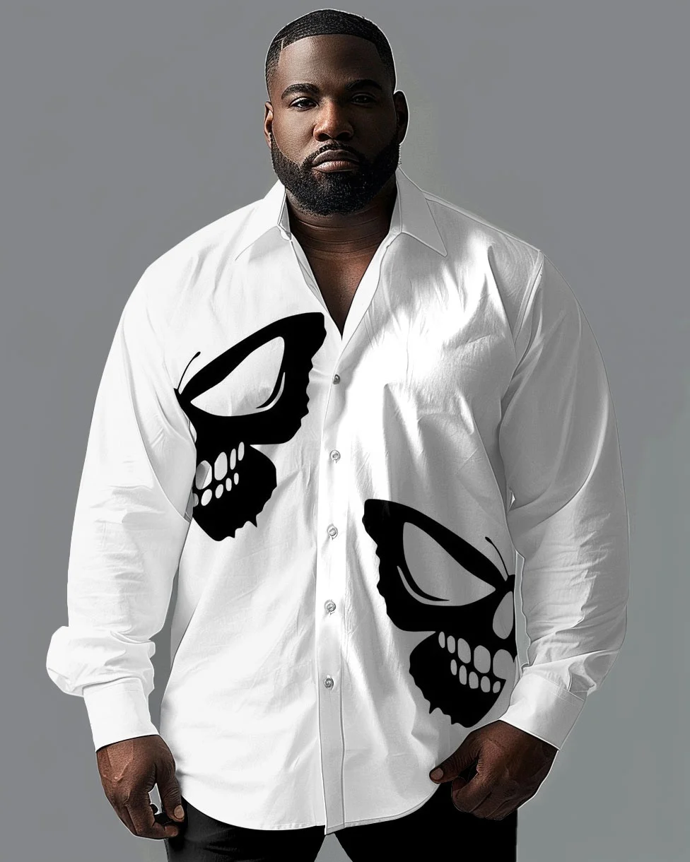 Men's Plus Size Long Sleeve Button-Up Shirt, White with Large Black Butterfly Wing and Skull Graphics for Casual Streetwear