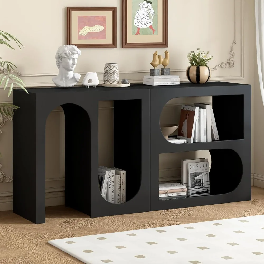 

Flexible Modular Design Entryway Console Table with Rectangular Exterior and Curved Interior, Modern Wood Accent Sideboard for S