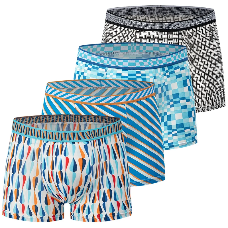 4-Piece Four Seasons Men's Flat Pants Fashion Ice Silk Sweat Absorbing Sports Comfortable Shorts Printed Casual Four Corners
