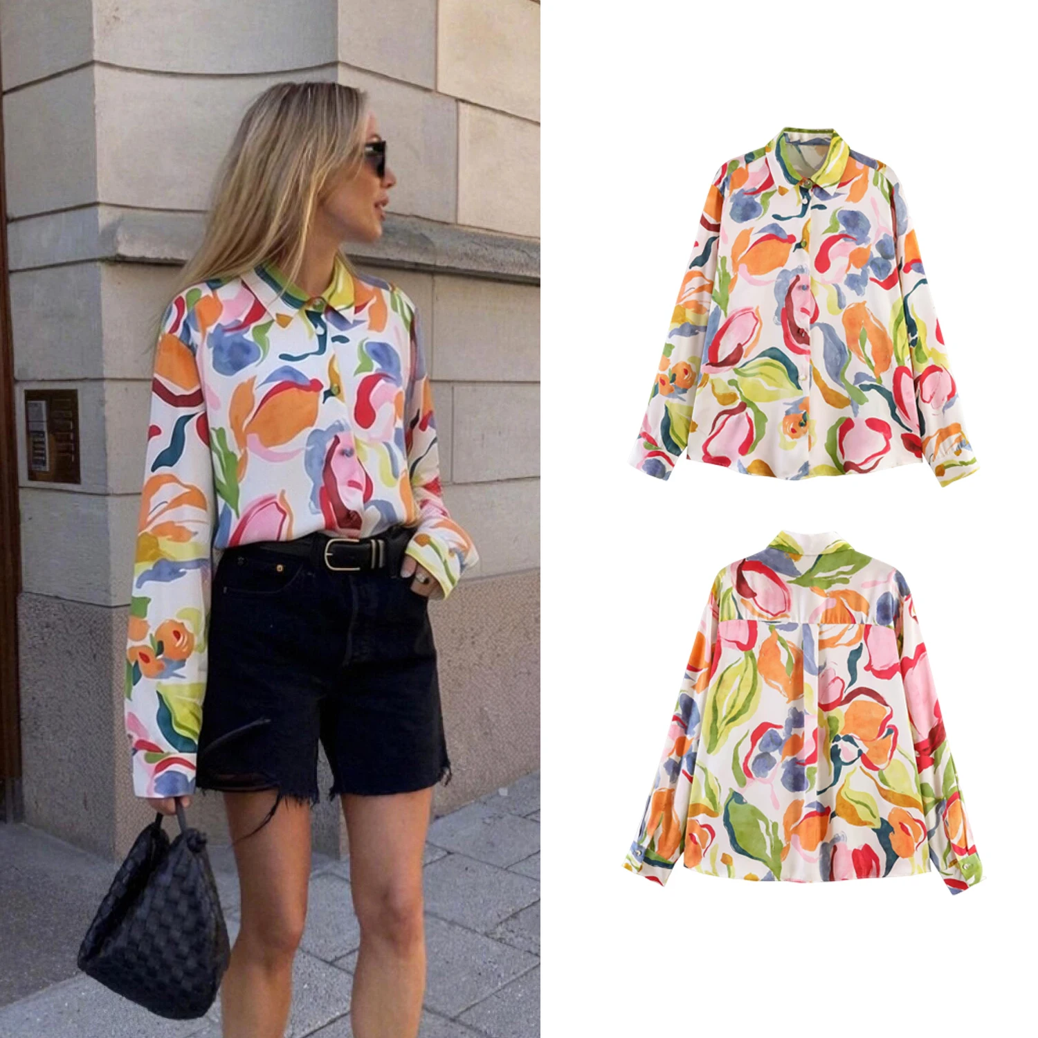 

Women's Fashion Flower Printe Shirts Spring Summer New Female Long Sleeve Single Breasted Blouses Lady Chic Casual Holiday Tops