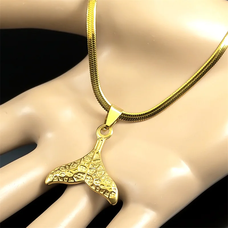 Vintage Mermaid Tail Pendant Necklace For Women Stainless Steel Gold Color Whale Fishtail Chain Collar Mujer Jewelry NHH35S02