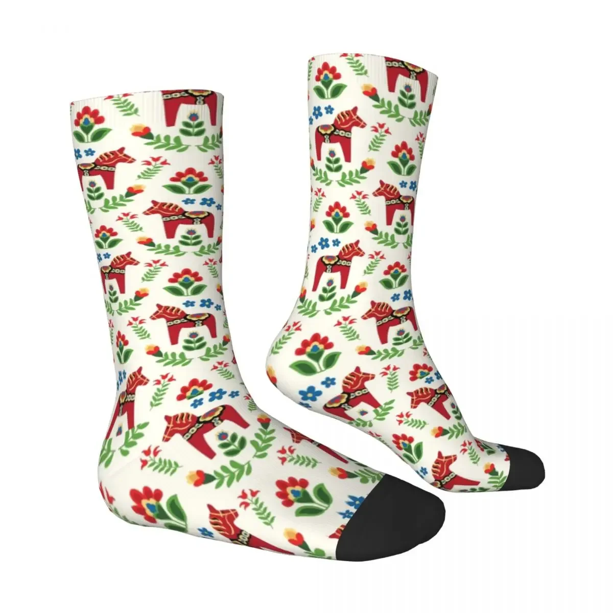 Swedish Dala Socks Autumn Horses Red Stockings Gothic Women Men Warm Soft  Pattern Outdoor Sports Non Slip 