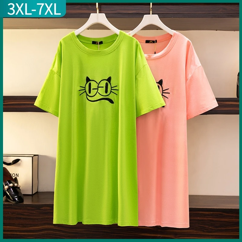 New 2022 Summer Plus Size T-shirt Dress For Women Large Size Loose Short Sleeve Green Cotton Mini Dress 3XL 4XL 5XL 6XL 7XL