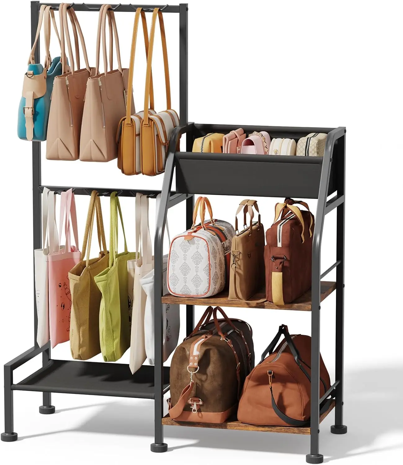 

3-Tier Purse Organizer with 12 Hooks, Visible Backpack Storage for Home & Closet, Space-Saving Black Rack
