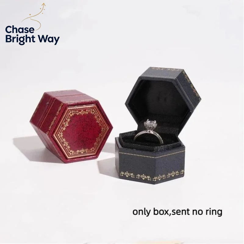 Vintage Hexagonal Mini Ring Box Aesthetic Printed Pattern Cover Jewelry Storage Box for Proposal Display Gifting