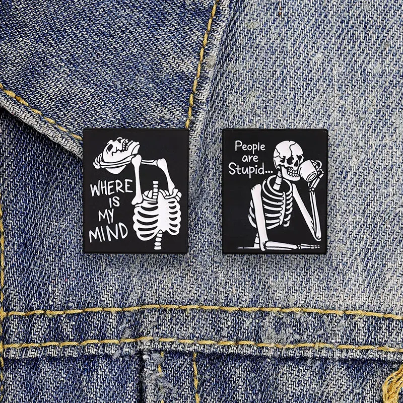 Dark Skull Fun Text Metal Brooch Set of Two, Multi-Purpose Canvas Bag Decoration Pin, Personalized Accessory, Gift for Others