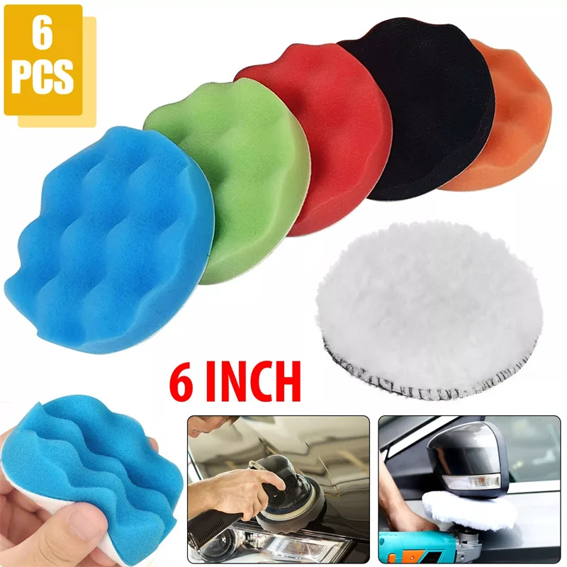 New 6 Pack 6 Inch Compound Buffing Polishing Pads Cutting Sponge Pads Kit For Car Polisher Self-Adhesive Sponge Waxing