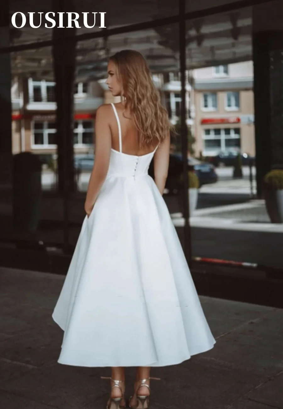 OUSIRUI Soft Satin Bride Formal Wedding Gowns Ankle-Length Spaghetti Straps Bridal Dress Simple A Line Short Wedding Dresses