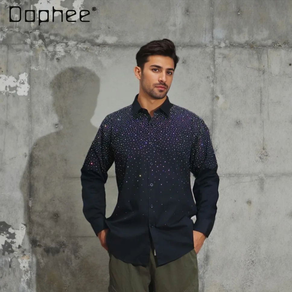

Long Sleeve Shirt with Rhinestones Unique Top 2026 Spring New Style Turn-down Collar Single-breasted Men's Shirt