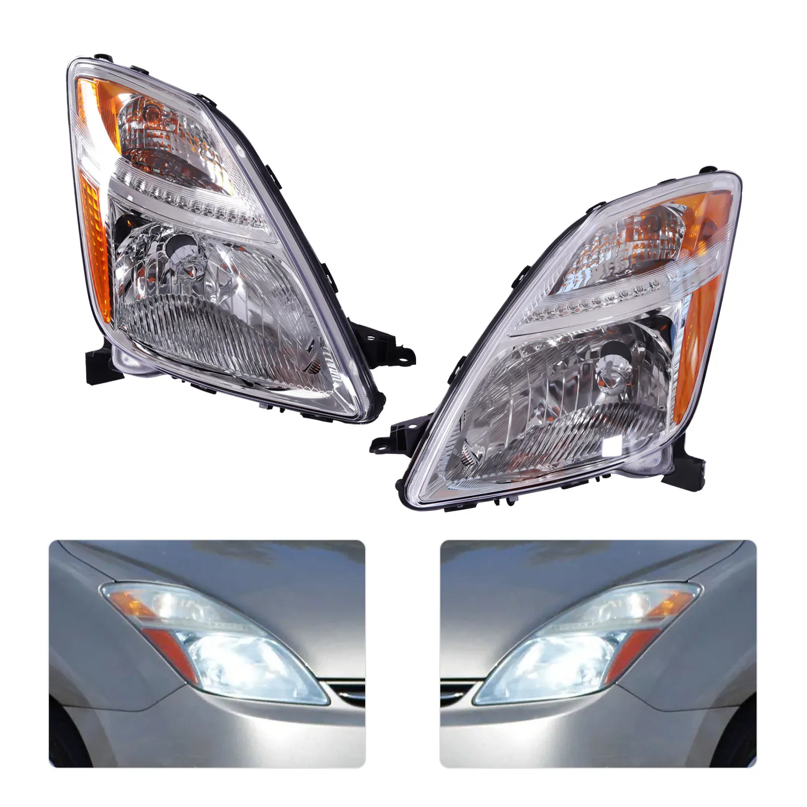 

Left & Right Pair For 2004 2005 2006 Toyota Prius Headlights Halogen Headlamp