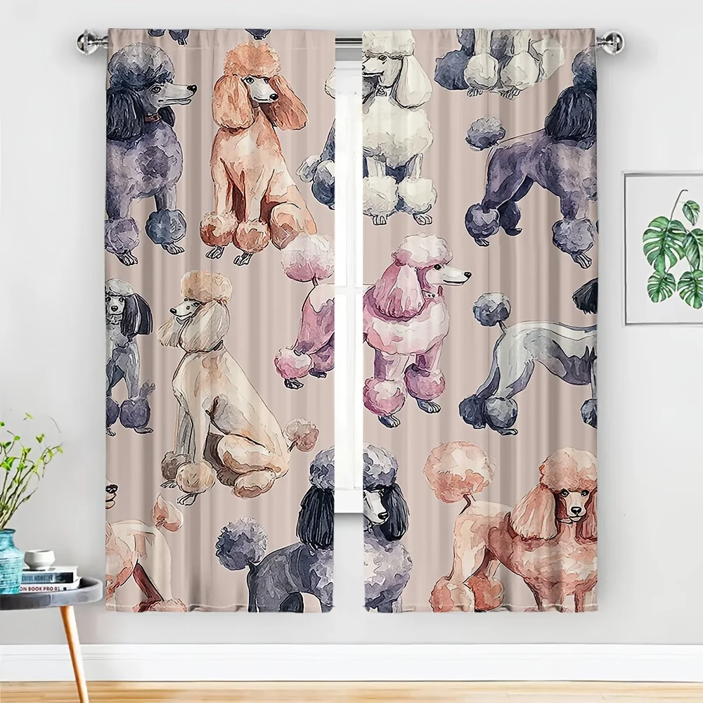 2pcs Watercolor Poodle Curtains No Rod — Seamless Artistic Print in Soft Pink, Grey & Cream, Light-Filtering for Living, Bedroom