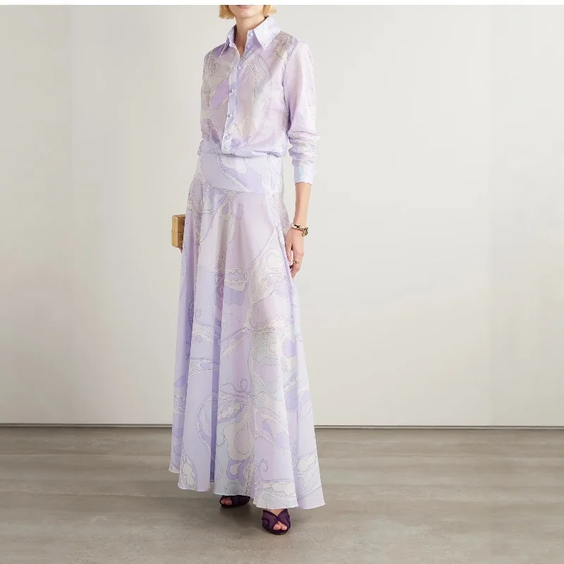 Silk-Like Lightweight Printed Shirt Skirt Pure Sunlight Garden Design Women's High Waist Cotton Umbrella Skirt Spring Fashion
