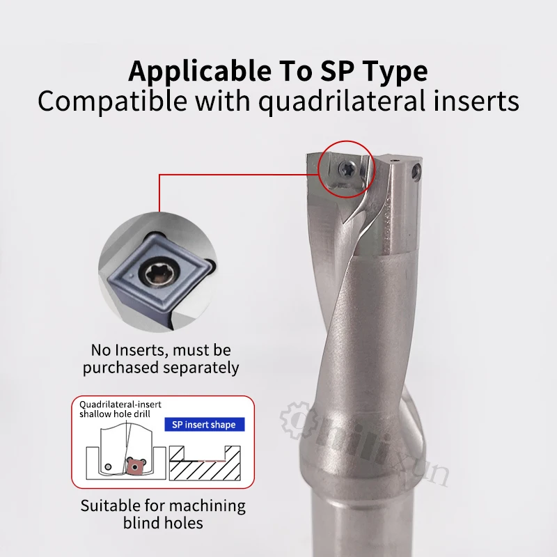SP Series 2xD U Drill Carbide Indexable Bit with Inserts, Through Coolant for Steel Cast Iron CNC Machining