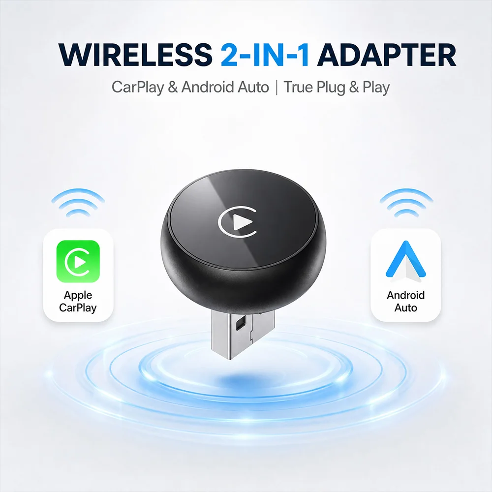 2-in-1 Wired to Wireless Adapter, Wireless CarPlay & Wireless Android Auto Dongle Plug & Play for Factory Wired CarPlay