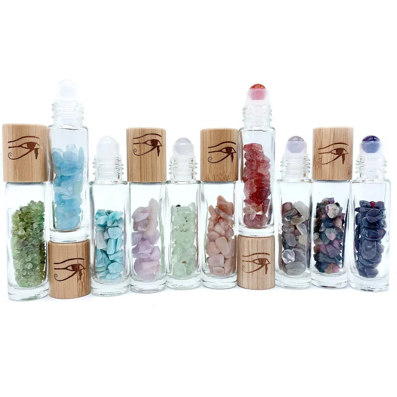 Gemstone Roller Bottle Nature Quarz Essential Oil Bottle The Eye of Horus Bamboo Cover Grain Cover 10ml Travel Vials 10pcs P256