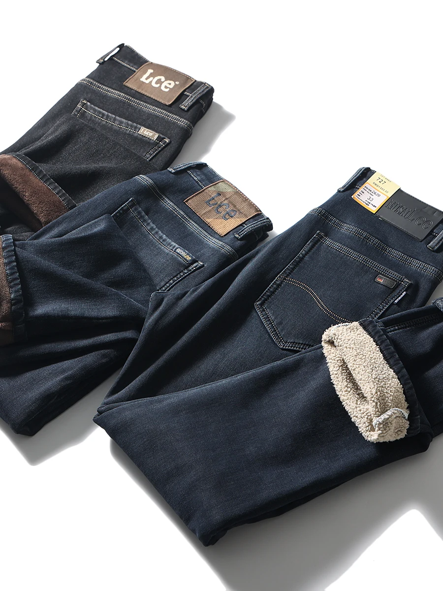 

Comfortable Warm Fce Lined Thiened Men's Winter Casual Straight Leg Elastic Jeans Faionable Commuting All-Match