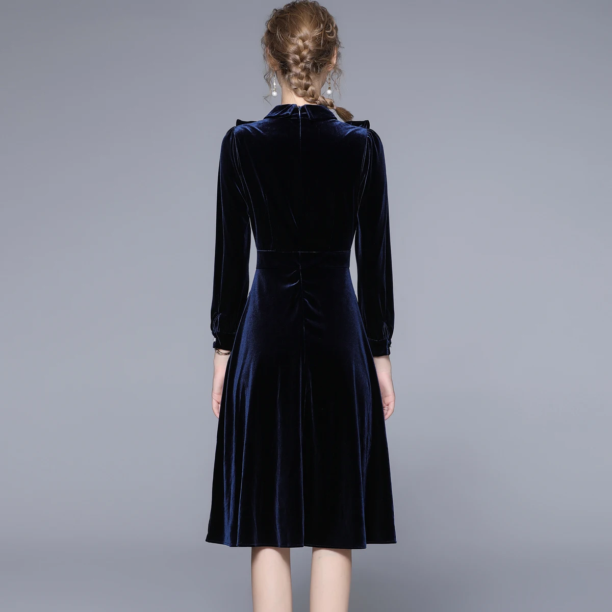 belle blue dress costume beauty and the beast Velvet Evening Gown With Draped Back – conDiva main image 1