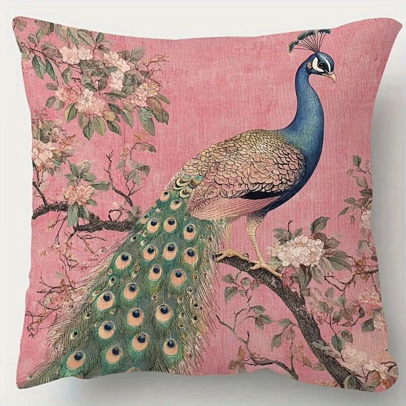 1 Stück Vintage Rosa Pfauen-Kissenbezug, Polyester 2D Doppelseitiger Druck, Elegante Pfauen- & Blüten-Blumenkunst, Luxuriös für Zuhause & Auto