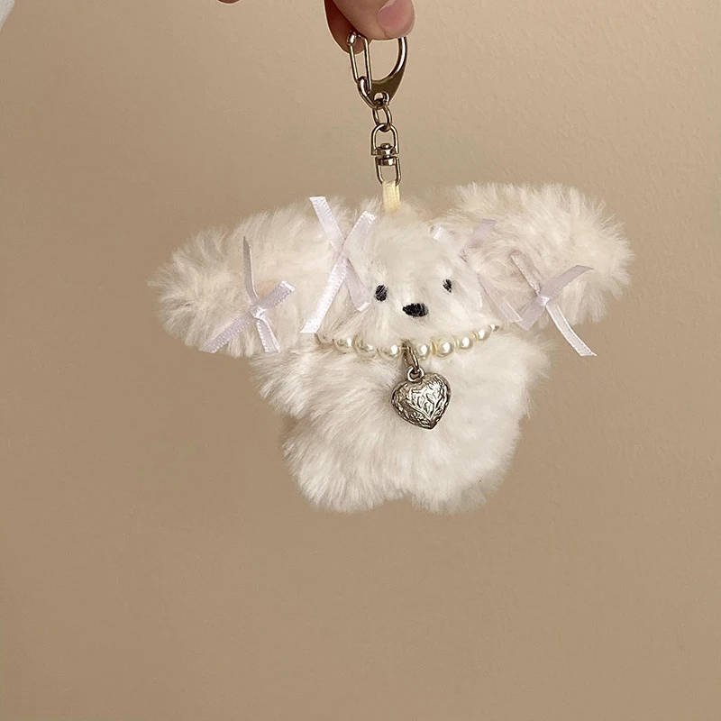 Fashion Rabbit Keyring Lovely Plush Animal Pearl Bowknot Keychain For Women Girls Versatile Bag Charm Pendant Birthday Gift