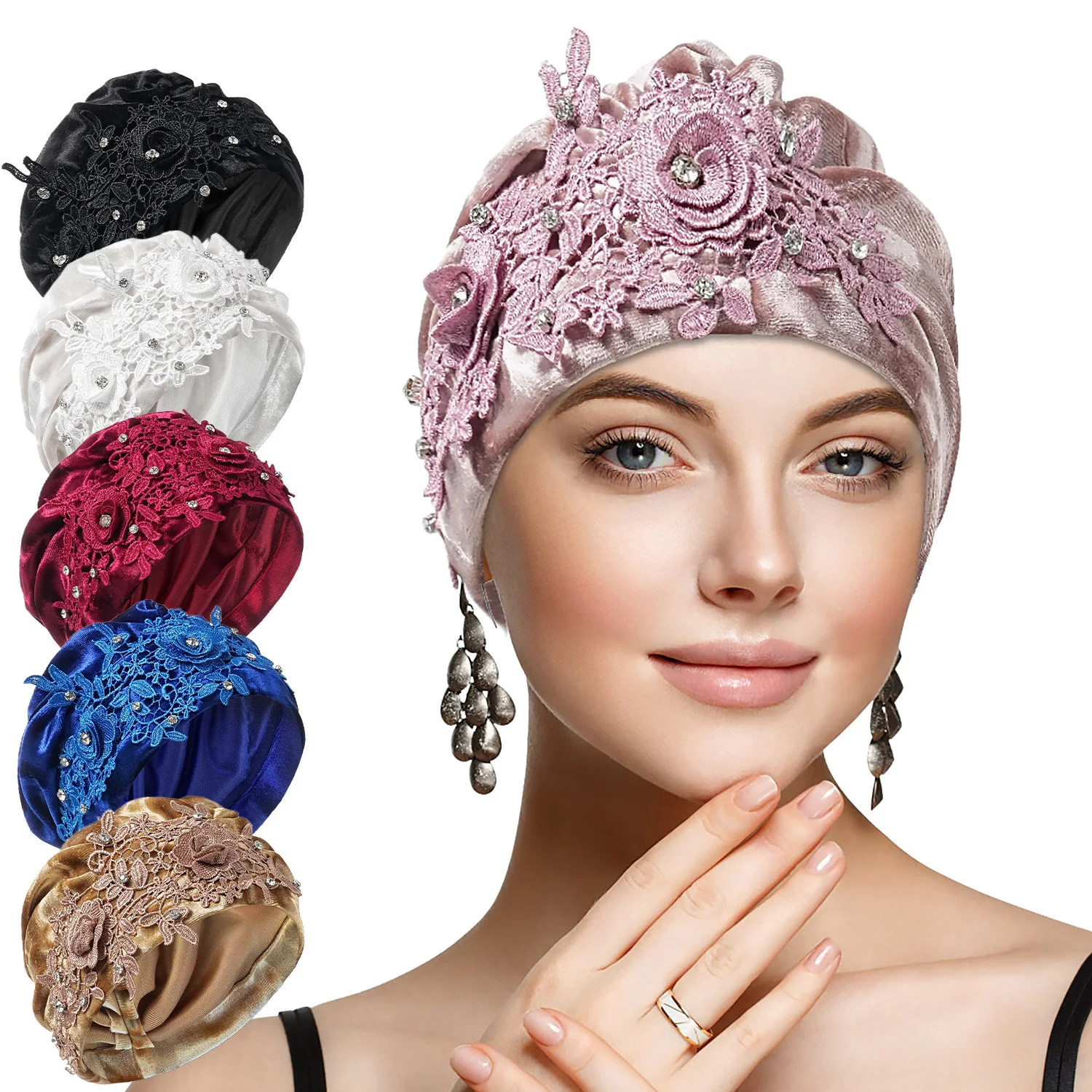 Flower Embroidery Turban Cap for Women Fashion Female Head Wraps Velvet Muslim Headscarf Bonnet Turbante Mujer