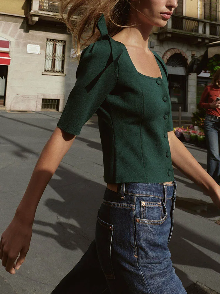 

Весна 2026: Новая модная женская вязаная кофта с квадратным вырезом и узлом, повседневный кардиган-жакет из одной части ткани