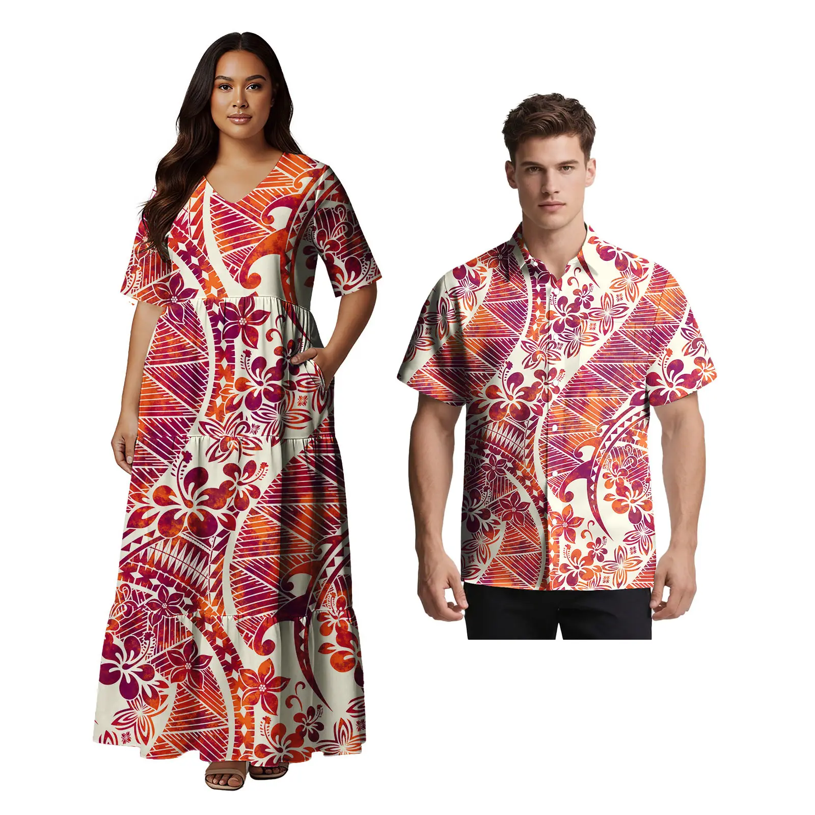 مخصص حسب الطلب ملابس مريحة ساموا التصميم الكلاسيكي فستان نسائي هاواي ألوها الرجال قميص بولينيزيا مجموعات من الأزواج