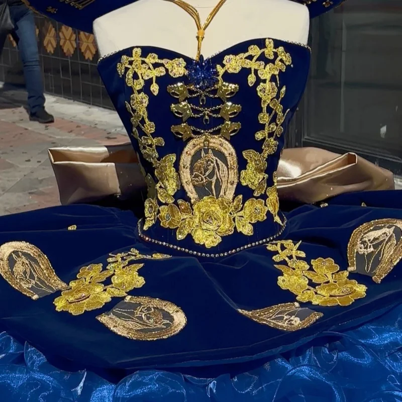 

Blue Quinceanera Dresses Off the Shoulder Decal Lace layering Long tail Bow Vestidoe 15 Quinceanera Customize